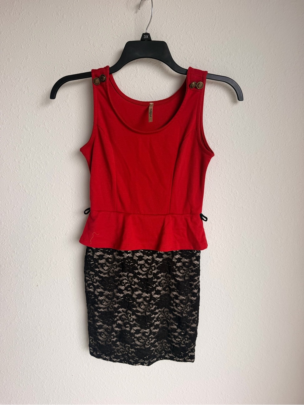 Red Peplum Top & Black Lace Skirt Mini Dress - Women